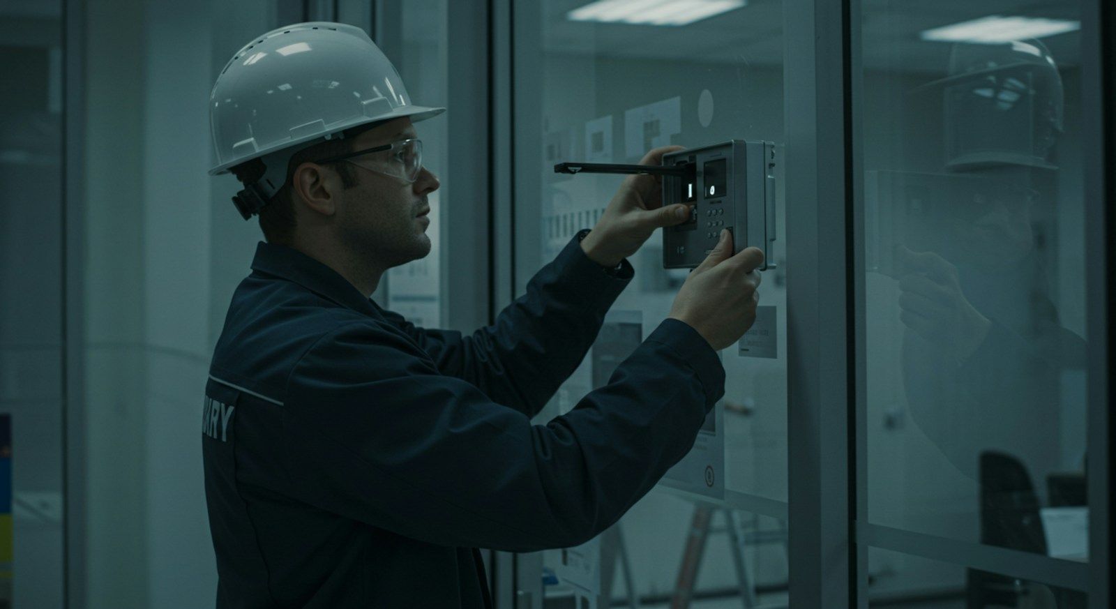 Technician in a hard hat installing security equipment